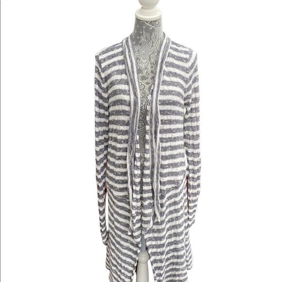 Free People Ladies Sweater Gray and White Striped Long Open Front Soft Cotton - Picture 2 of 7